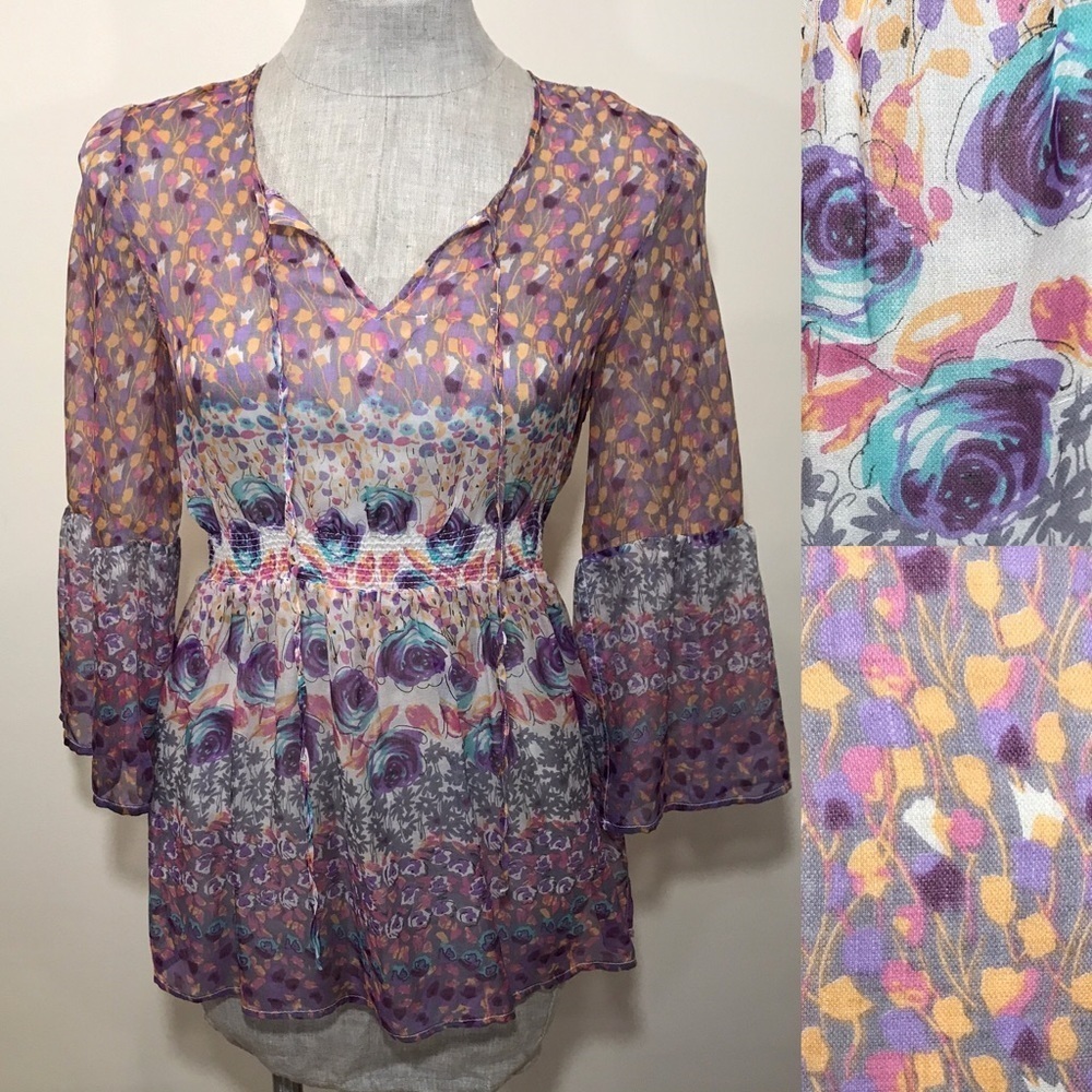 Sweet Sinnamon Boho Floral Print Silk Shirt small